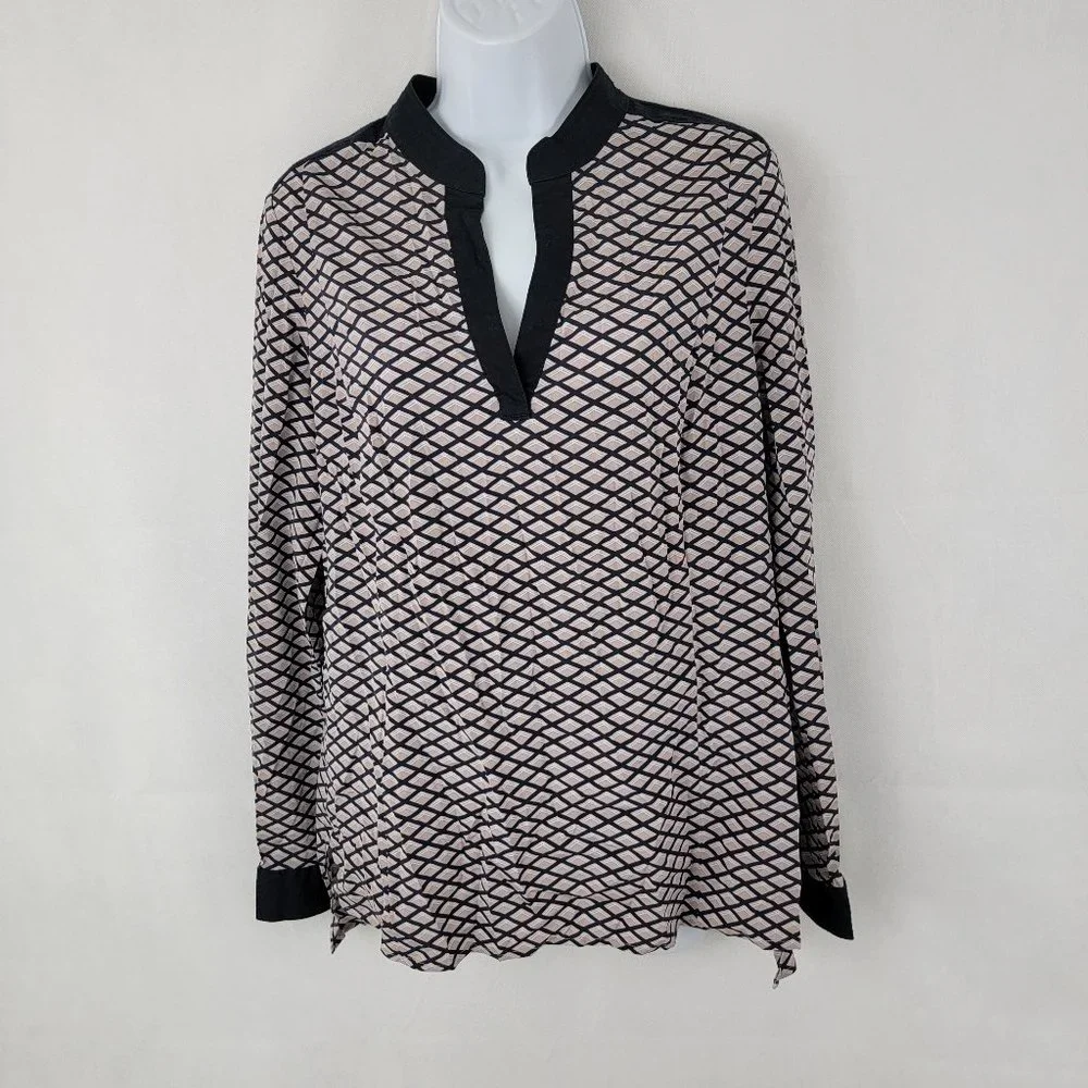 TORY BURCH Womens 8 Velda Tunic Top Silk Stretch Diamond Print Blue Gray